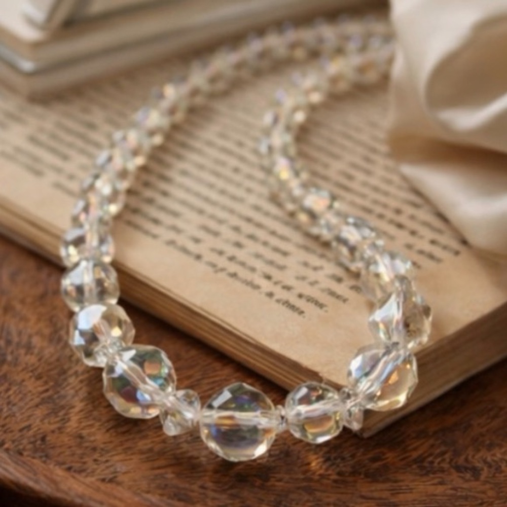 Vintage Aurora Borealis Crystal Bead Choker Necklace Graduated Glass Sparkle
